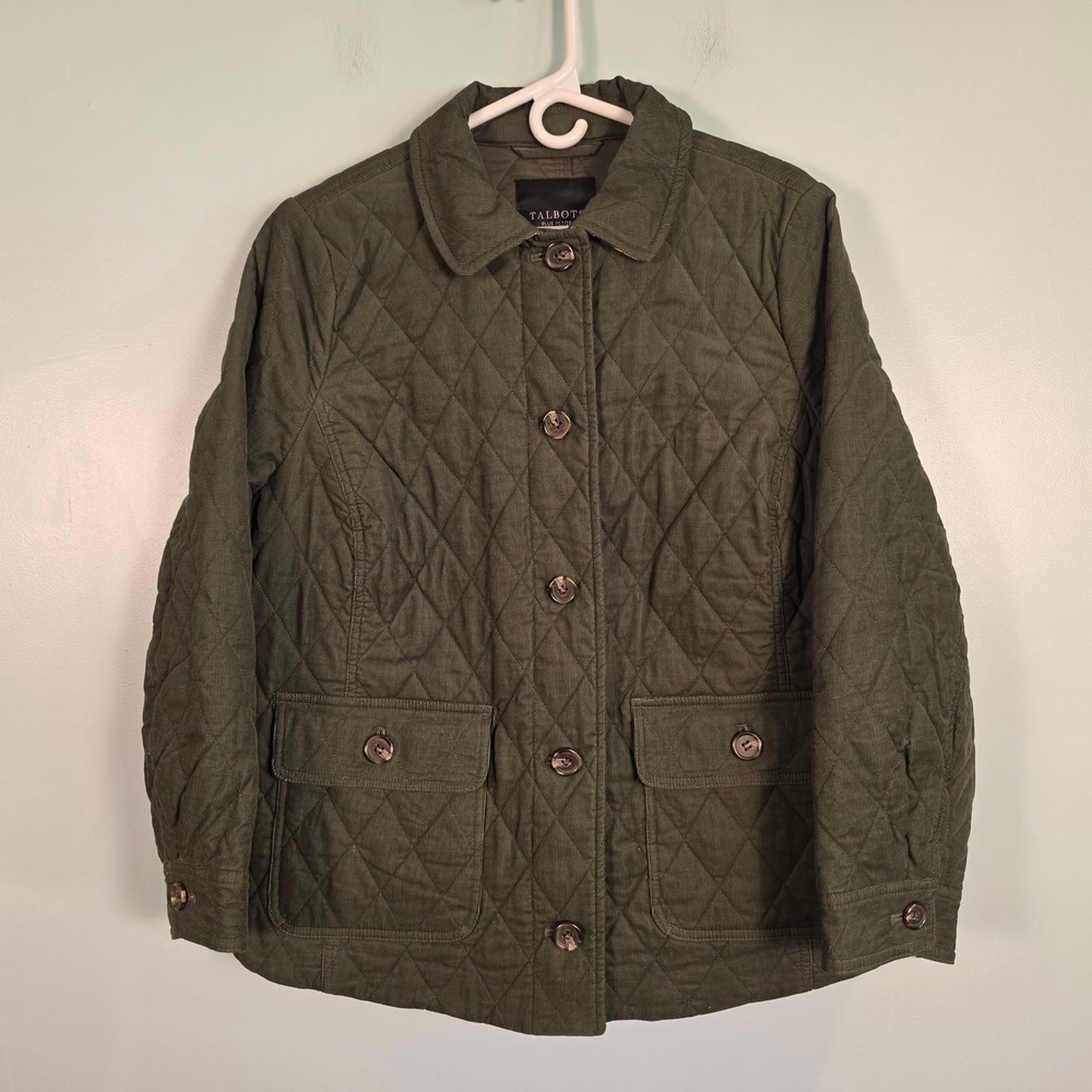 Talbots Plus Petite Green Corduroy Quilted Barn Jacket Plaid Trim 1XP VN300